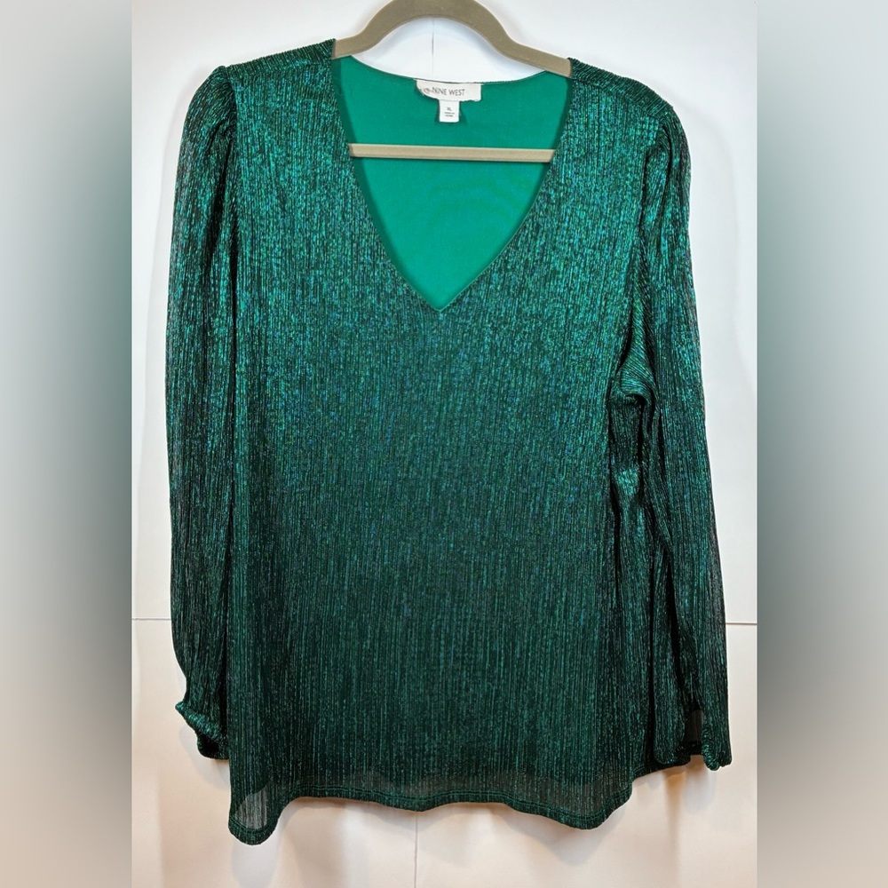 Nine West Women's Green Metallic Shimmer V-Neck Blouse Long Sleeve Size XL